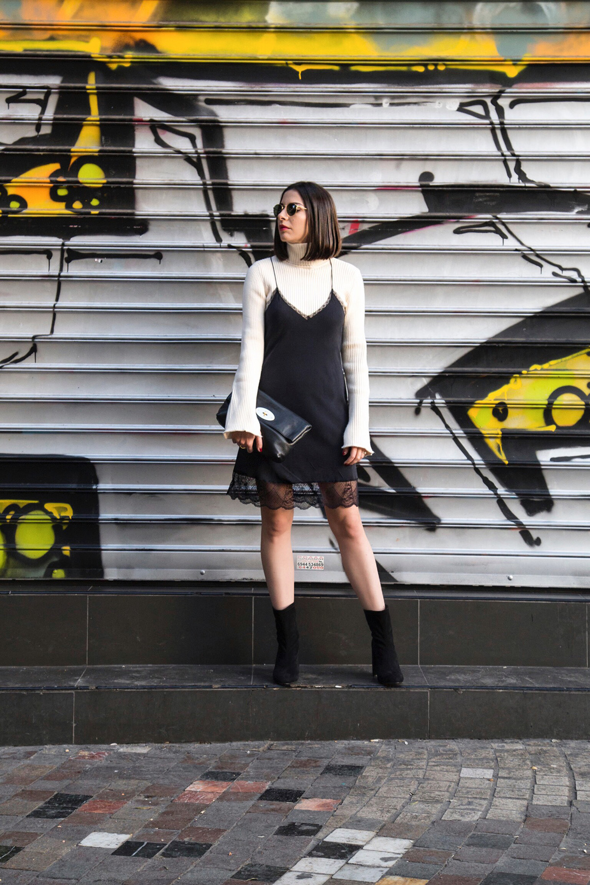 yellow slip dress with turtleneck