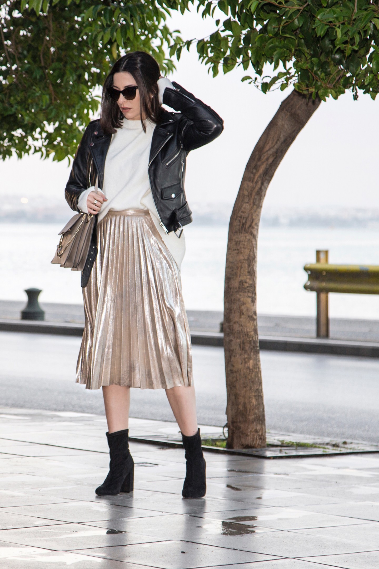 zara gold metallic pleated skirt