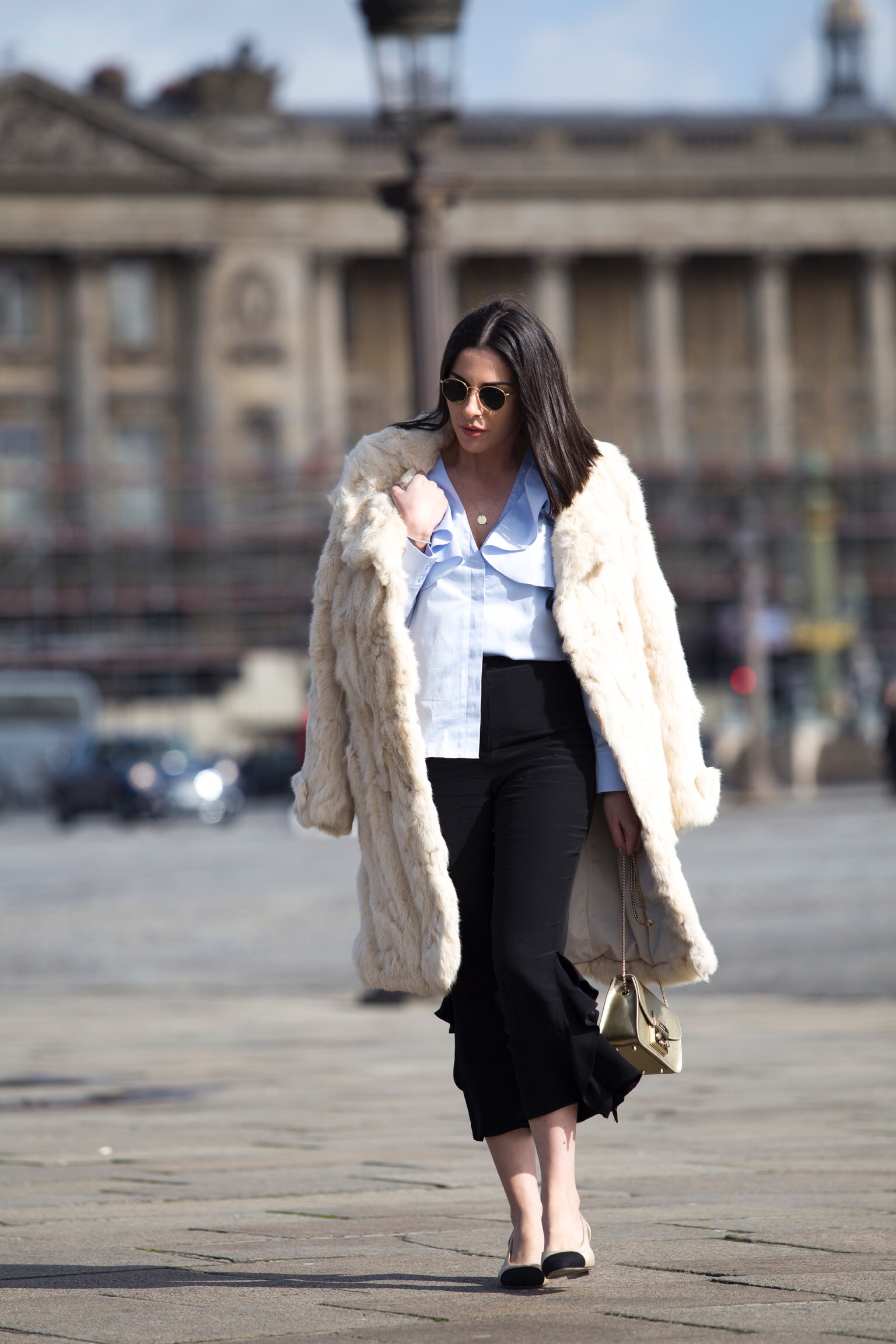 Stella Asteria Fashion & Lifestyle Blogger wearing riffled blouse & Chanel slingback at Paris Fashion Week 