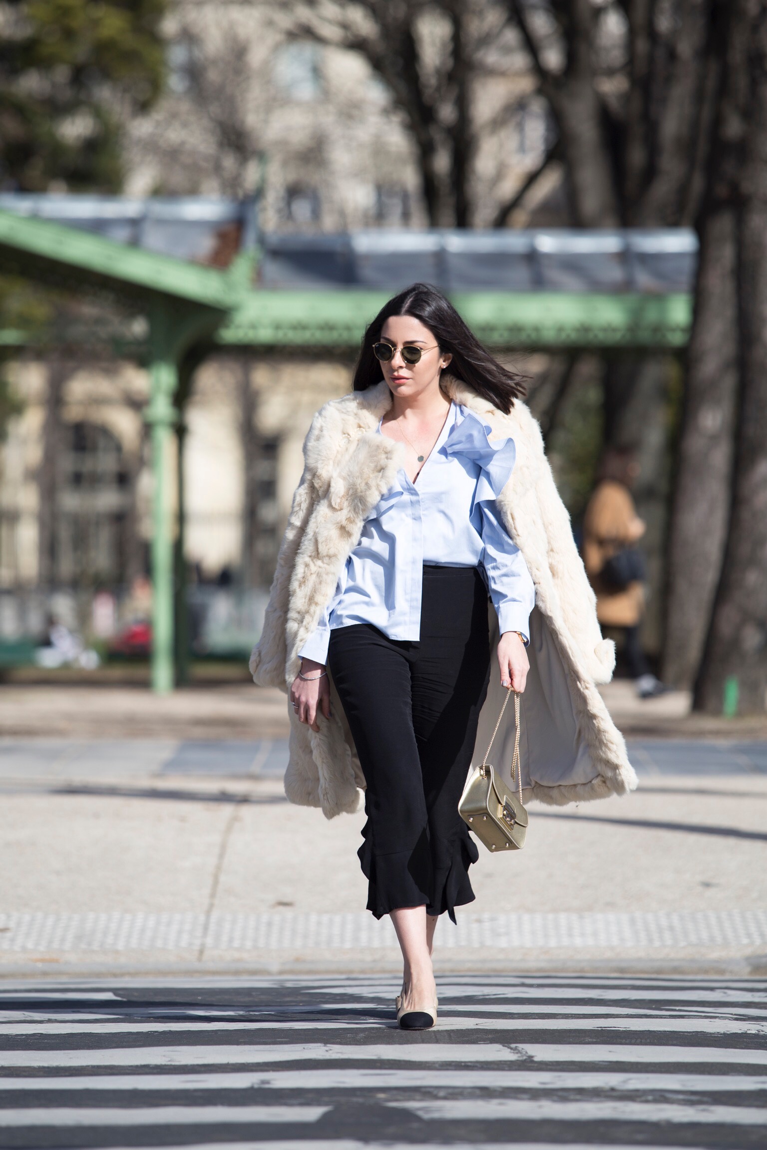 Stella Asteria Fashion & Lifestyle Blogger wearing riffled blouse & Chanel slingback at Paris Fashion Week 
