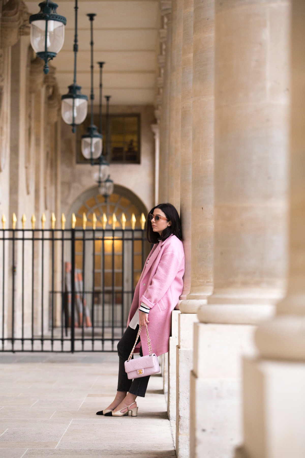Stella Asteria wearing pink Chanel bag, pink Mango coat & Chanel slingbacks