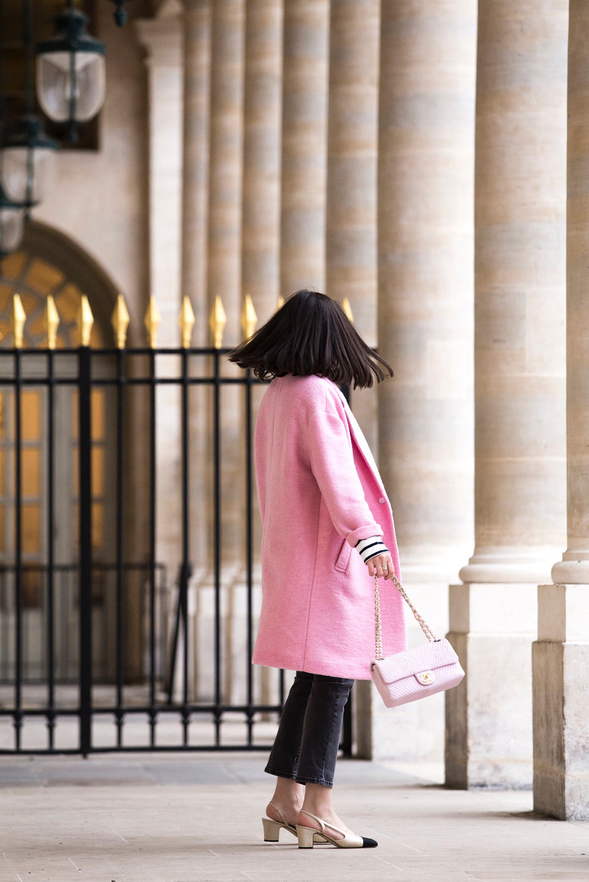 Stella Asteria wearing pink Chanel bag, pink Mango coat & Chanel slingbacks