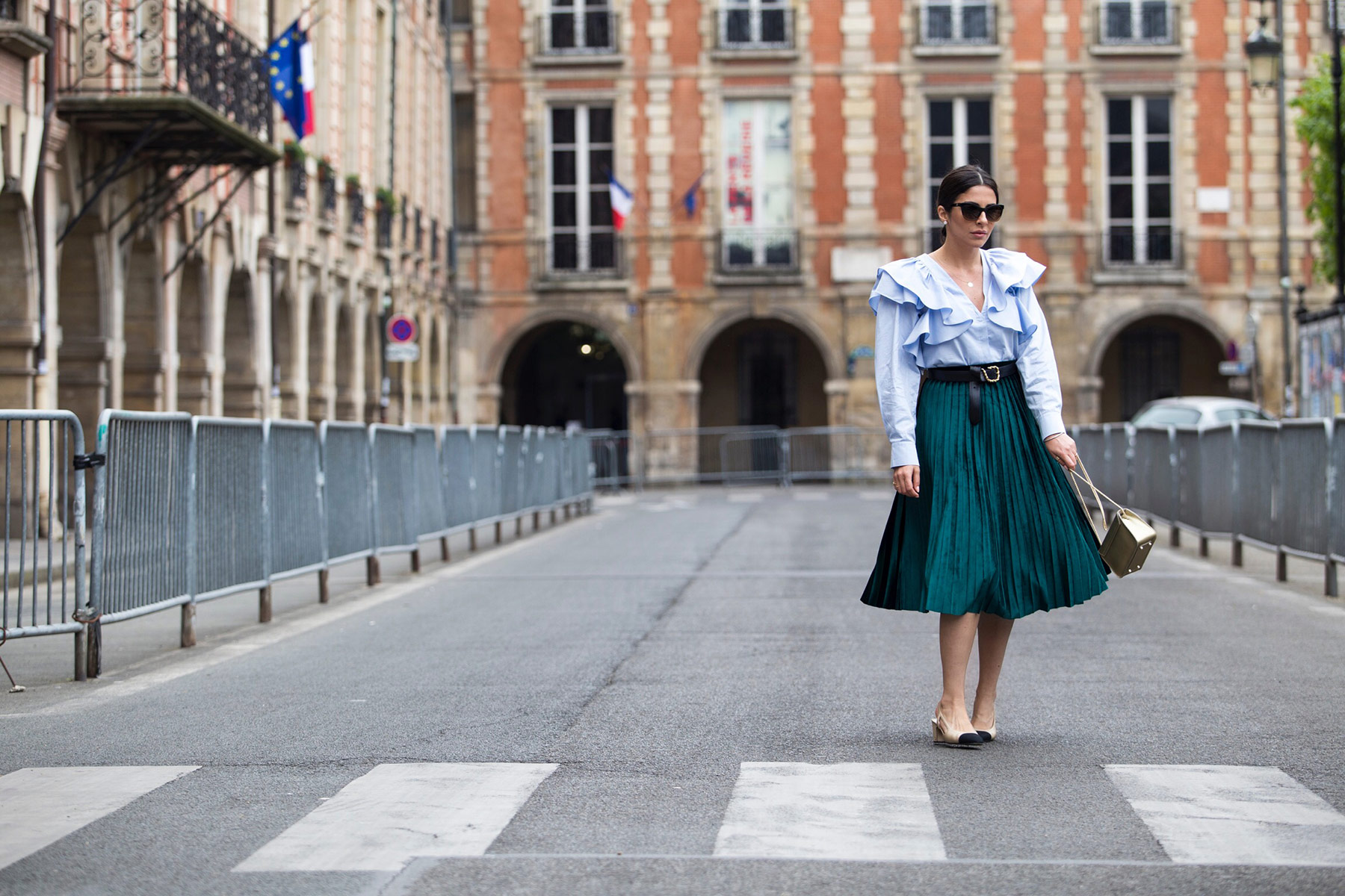 green pleated skirt and blue ruffled blouse by Stella Asteria - Fashion & Lifestyle Blogger