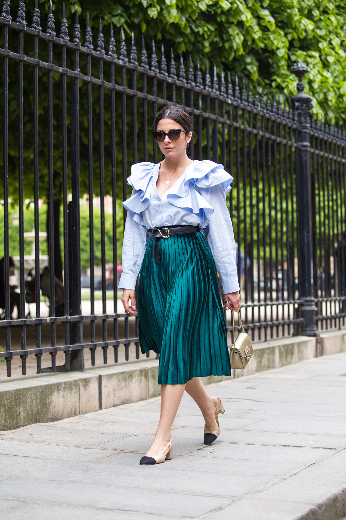 green pleated skirt and blue ruffled blouse by Stella Asteria - Fashion & Lifestyle Blogger