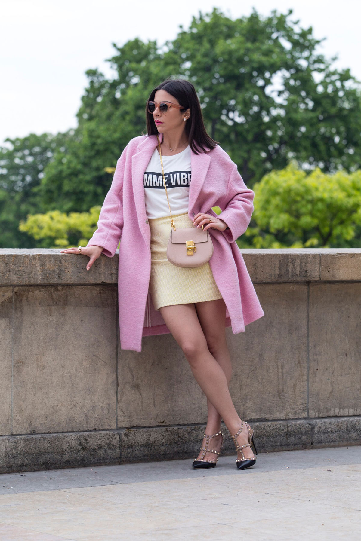Chanel vintage yellow skirt and pink coat outfit b y Stella Asteria Fashion & Lifestyle Blogger