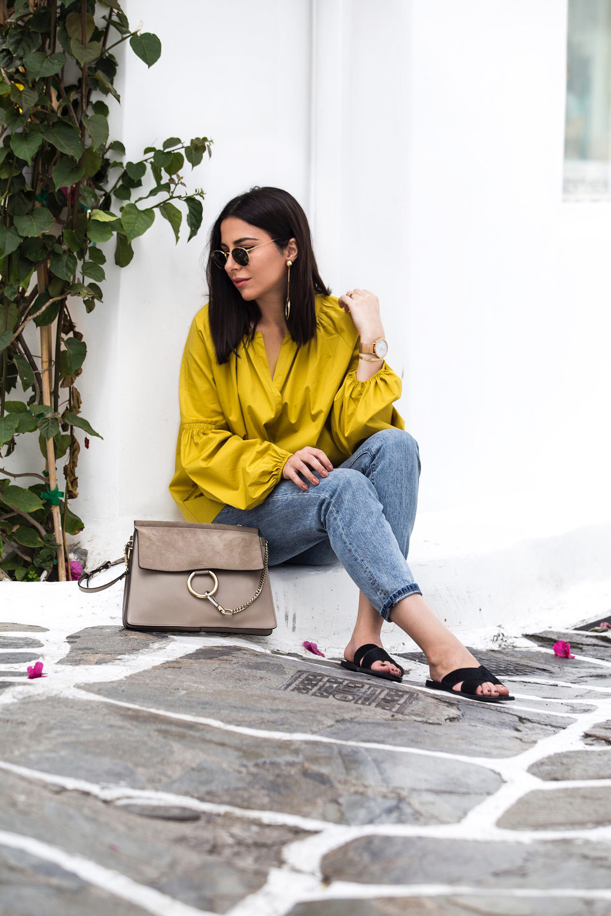 Greek islands fashion in Mykonos - Stella Asteria  wearing a casual chic outfit with Chloé Faye bag