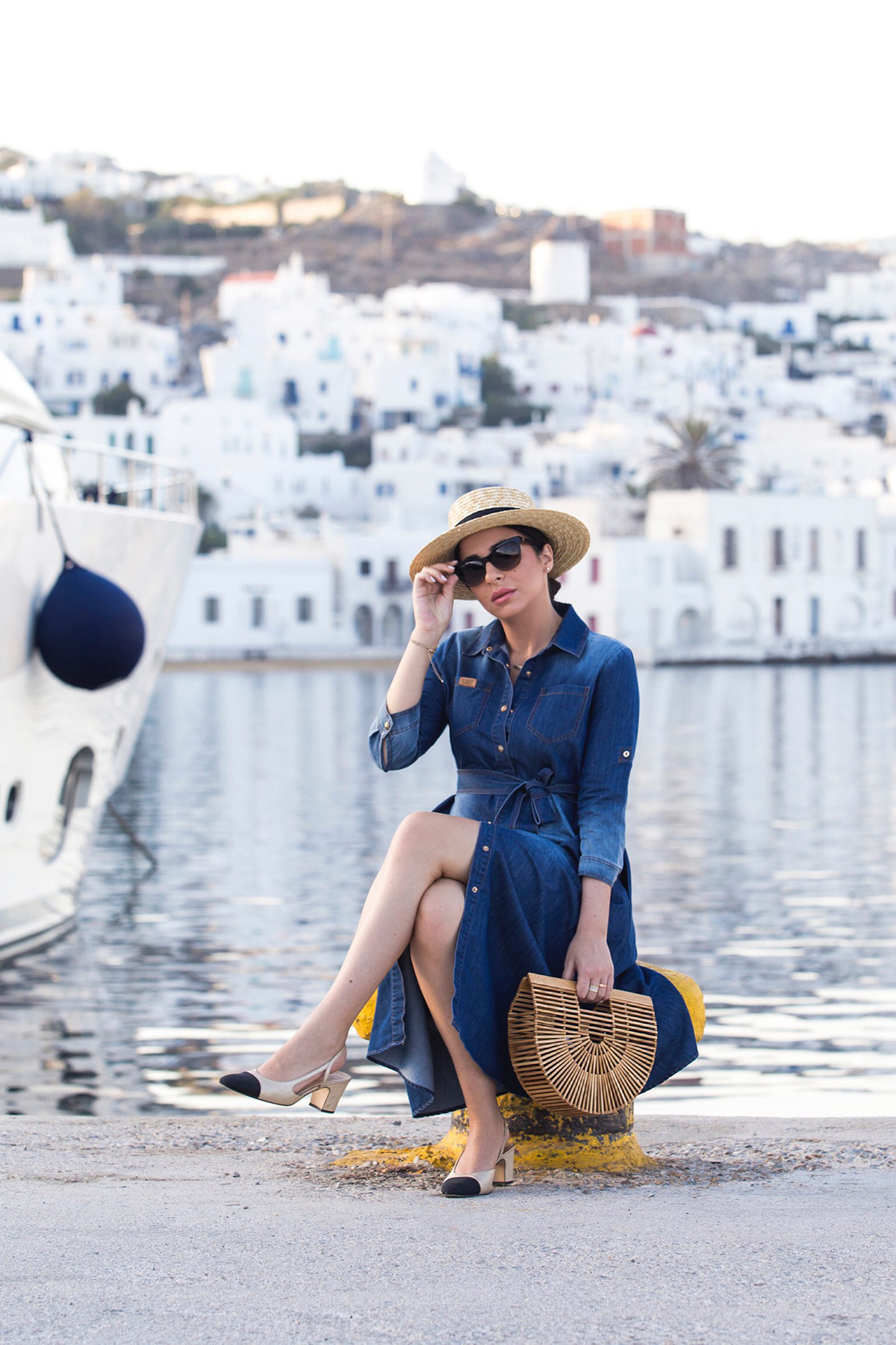 Cruise Chic Style with Denim Dress & Chanel Slingbacks from Stella Asteria