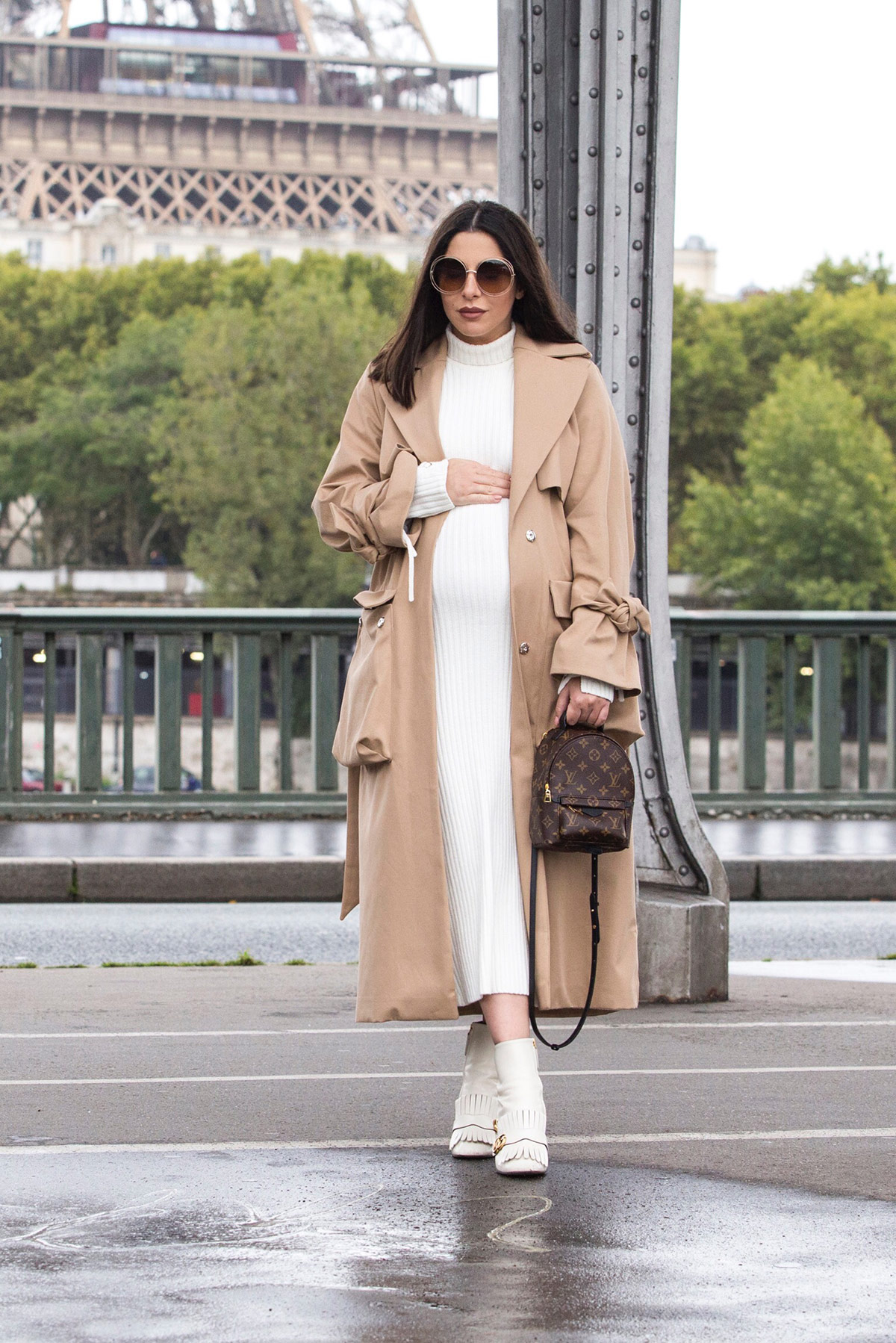 Maje ecru turtleneck dress for fall worn with camel trench coat, Gucci Marmot boots and Louis Vuitton palm springs backpack by Stella Asteria - Fashion & Lifestyle Blogger in Paris - Paris Street Style & Pregnancy Style inspiration