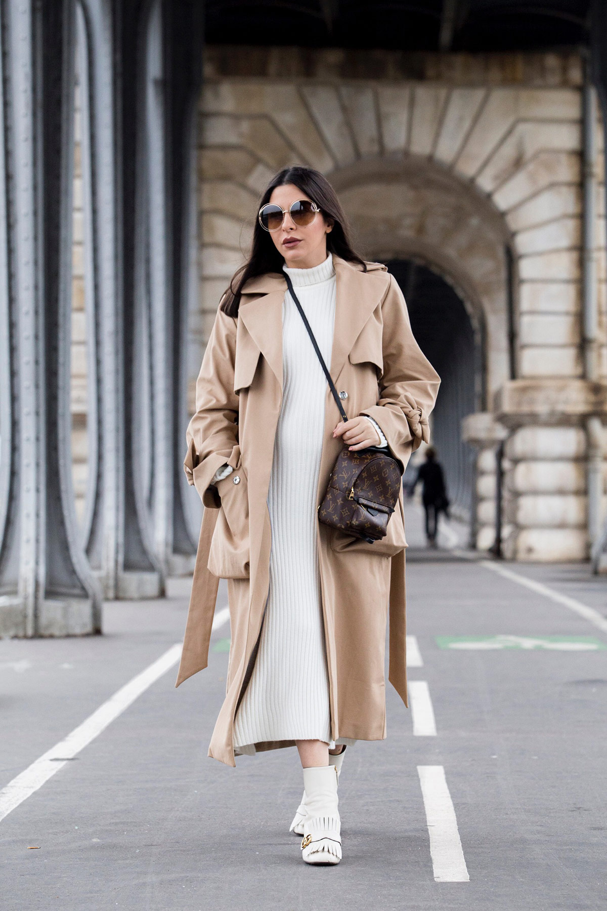 Maje ecru turtleneck dress for fall worn with camel trench coat, Gucci Marmot boots and Louis Vuitton palm springs backpack by Stella Asteria - Fashion & Lifestyle Blogger in Paris - Paris Street Style & Pregnancy Style inspiration