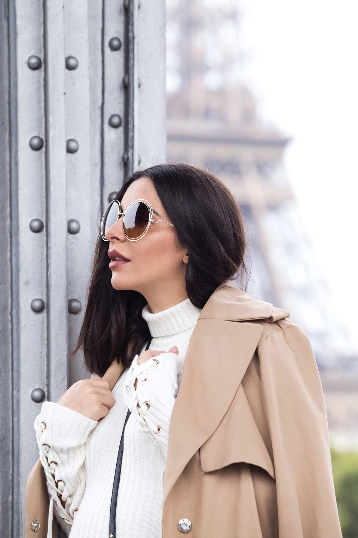 Maje ecru turtleneck dress for fall worn with camel trench coat, Chloé Carlina sunglasses and Louis Vuitton palm springs backpack by Stella Asteria - Fashion & Lifestyle Blogger in Paris - Paris Street Style & Pregnancy Style inspiration