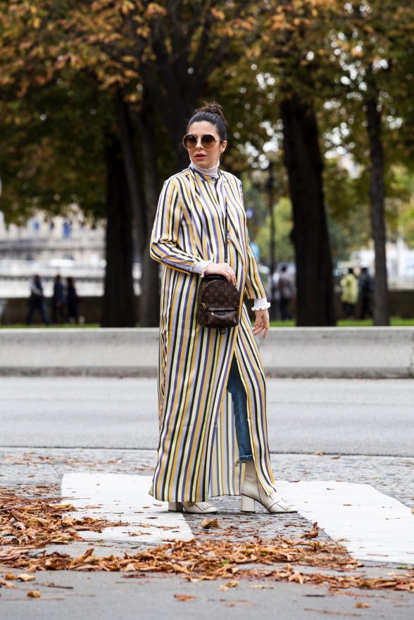 Striped Dress With Jeans & Statement Sunglasses At Paris Fashion Week