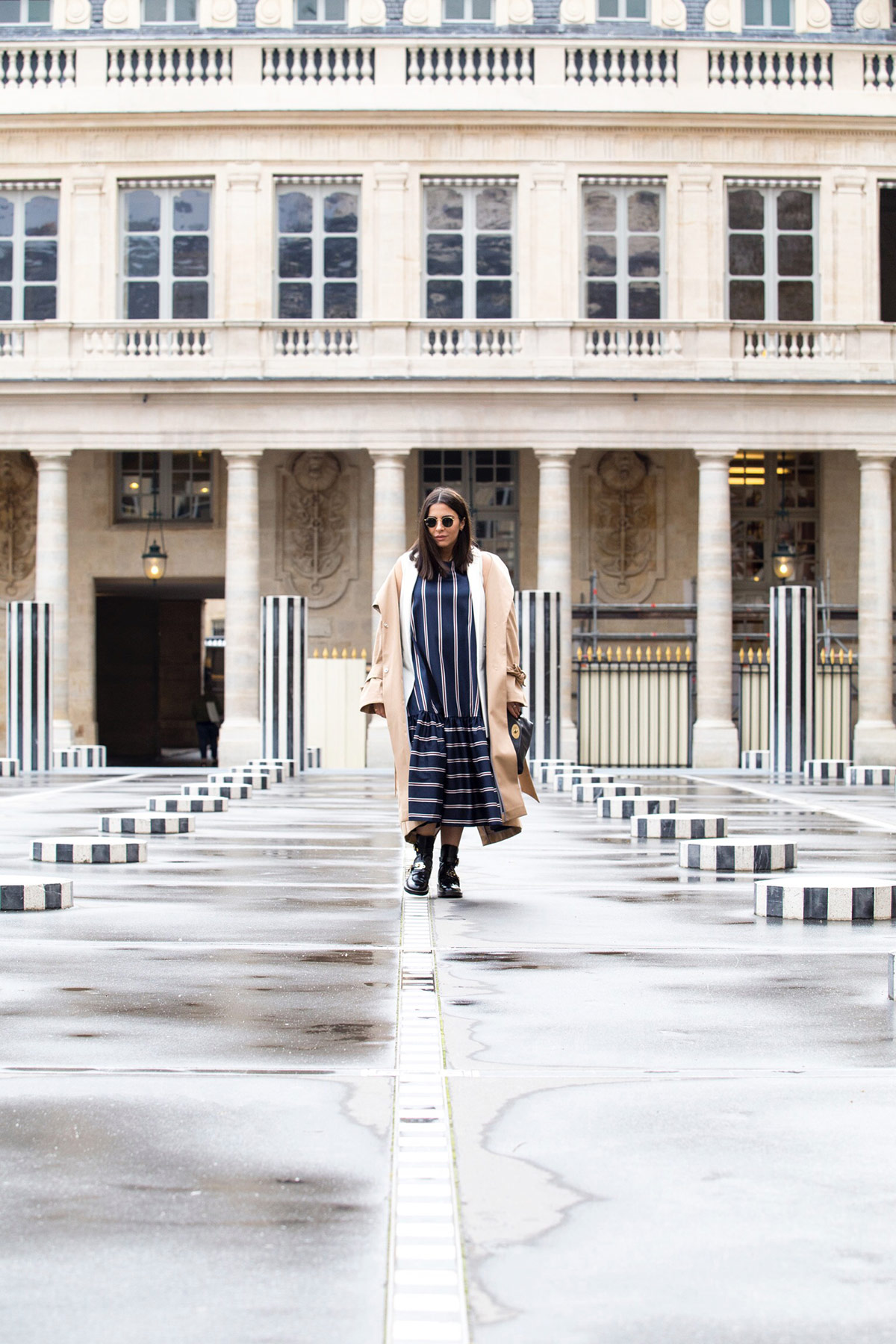 Stripes on stripes, trench coat and Balenciaga combat boots by Stella Asteria Fashion & Lifestyle Blogger during Paris Fashion Week - Paris Streetstyle and Pregnancy style inspiration - how to dress the bump in style