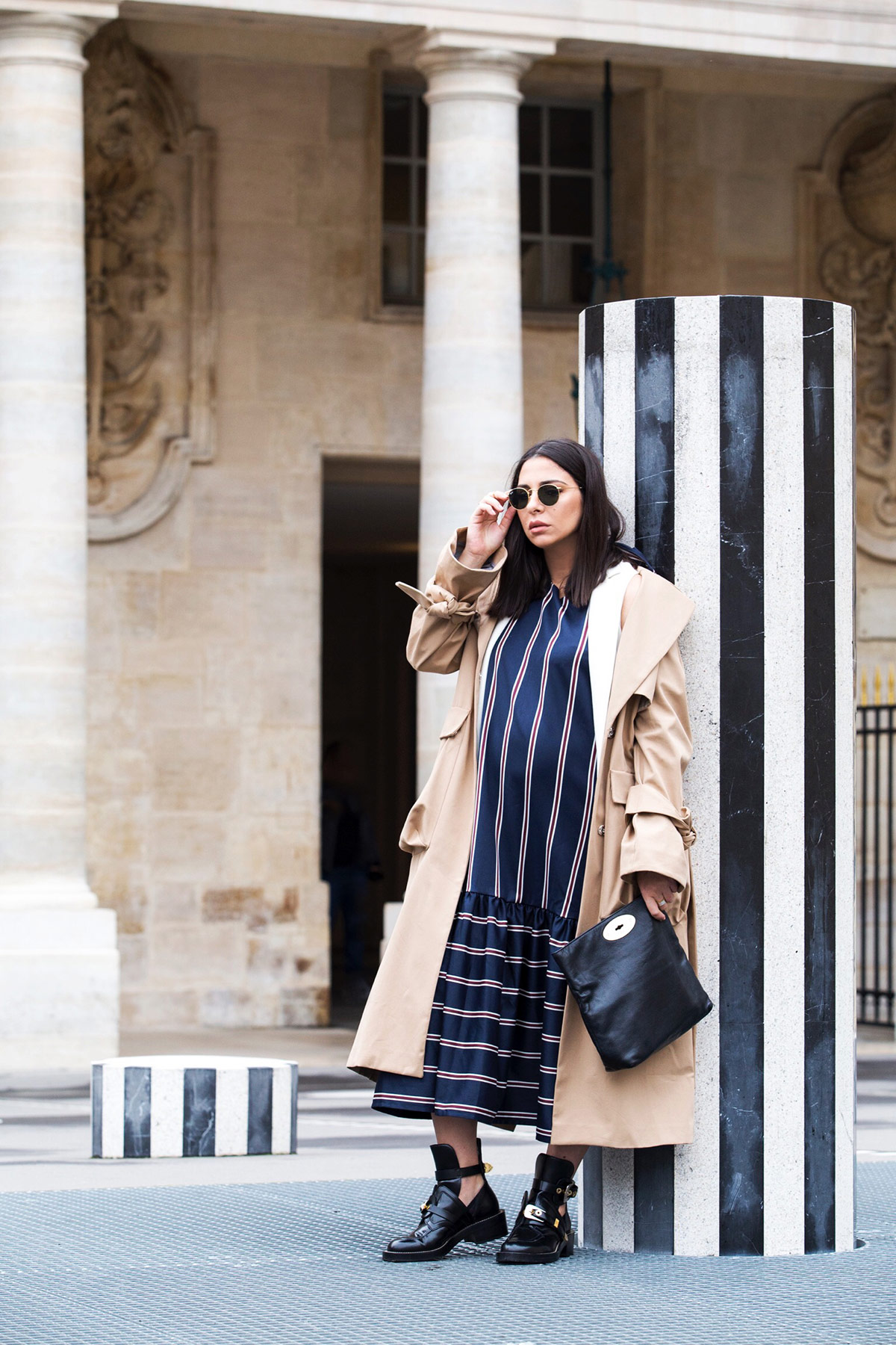 Stripes on stripes, trench coat and Balenciaga combat boots by Stella Asteria Fashion & Lifestyle Blogger during Paris Fashion Week - Paris Streetstyle and Pregnancy style inspiration - how to dress the bump in style