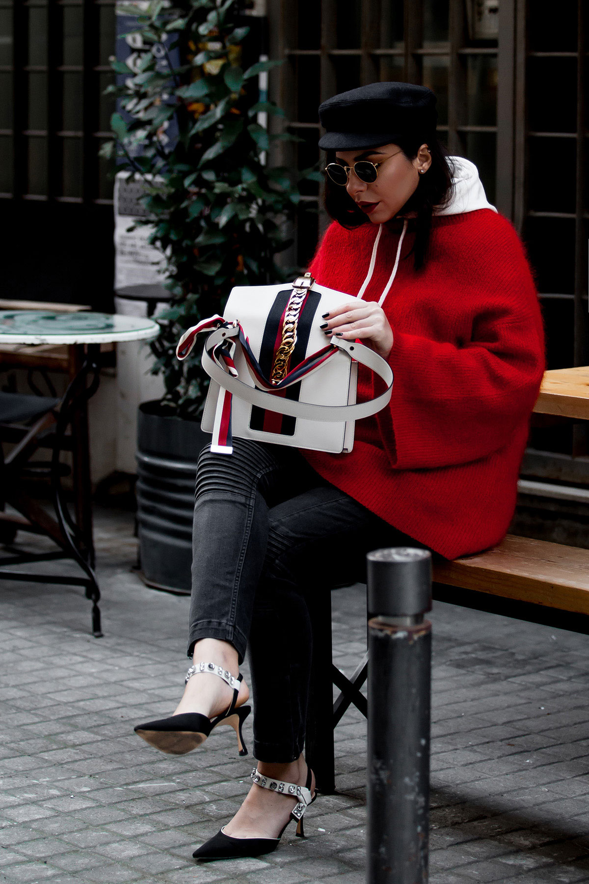 Red sweater, hoodie & baker boy hat with Gucci Sylvie bag, worn by Stella Asteria, fashion & lifestyle blogger