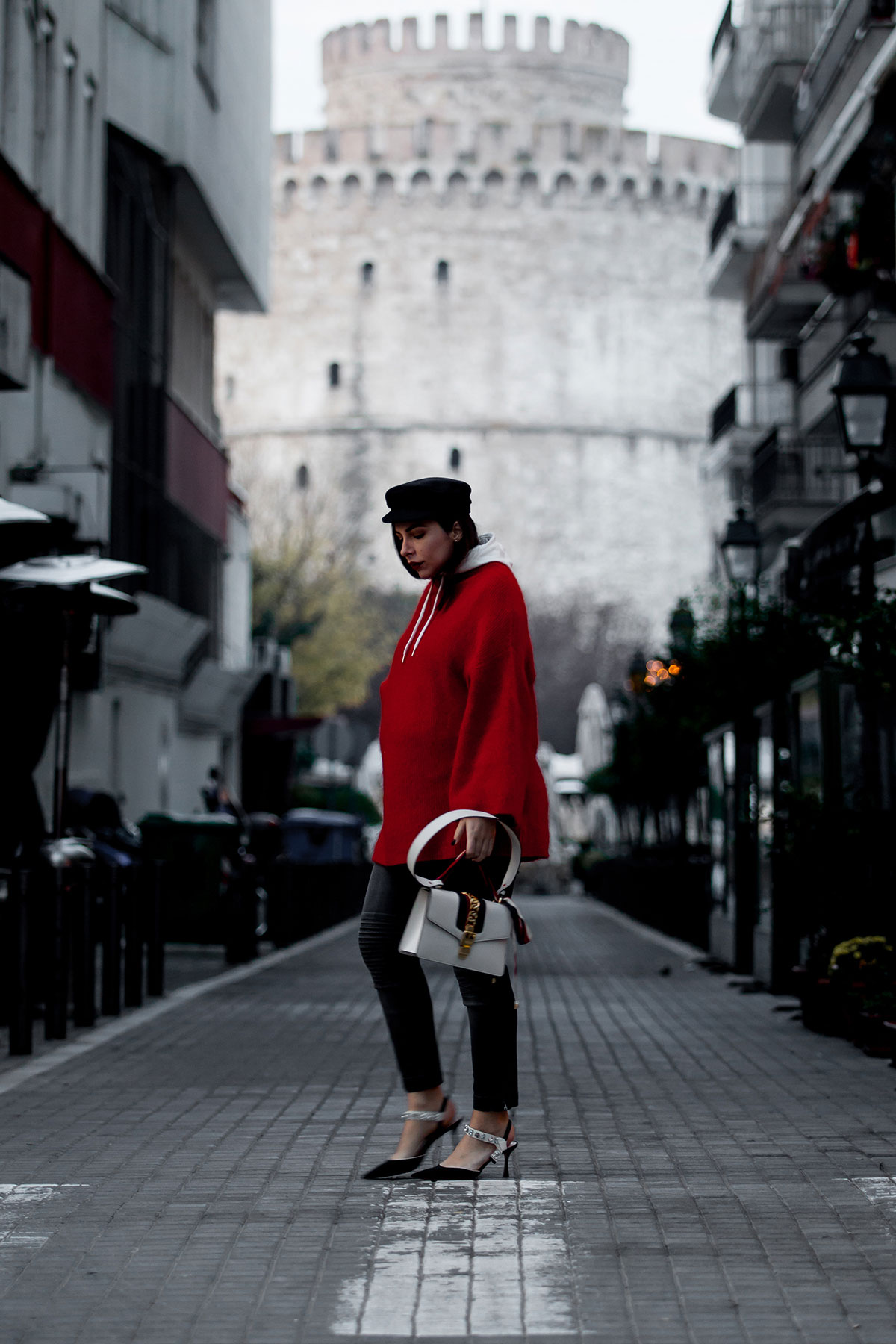 Red sweater, hoodie & baker boy hat with Gucci Sylvie bag, worn by Stella Asteria, fashion & lifestyle blogger - street style fashion