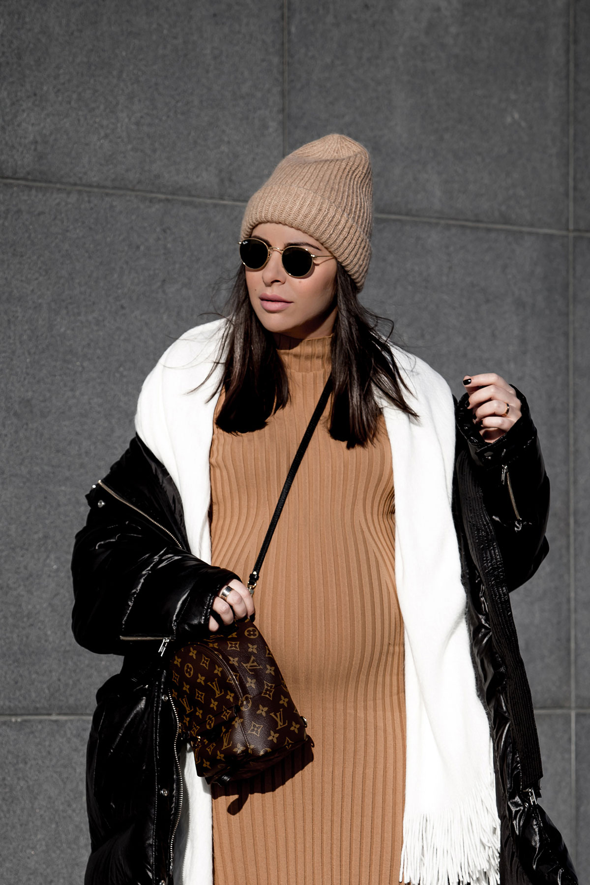 how to wear non-maternity maternity clothes by Stella Asteria | Fashion & Lifestyle Blogger - Stella Asteria wearing maternity style with puffer coat, bodycon dress, beanie hat, Nike sneakers and Louis Vuitton Palm Springs Backpack