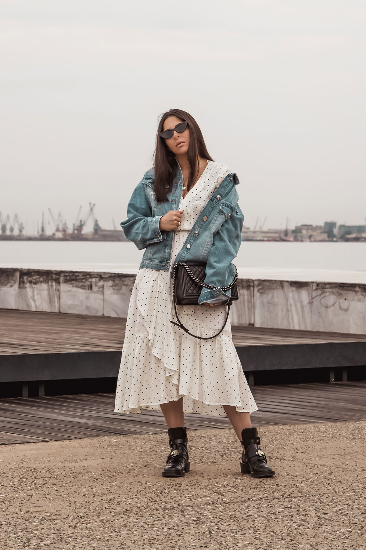 polka dot dress with edgy boots and denim jacket by Stella Asteria - Fashion & Lifestyle Blogger