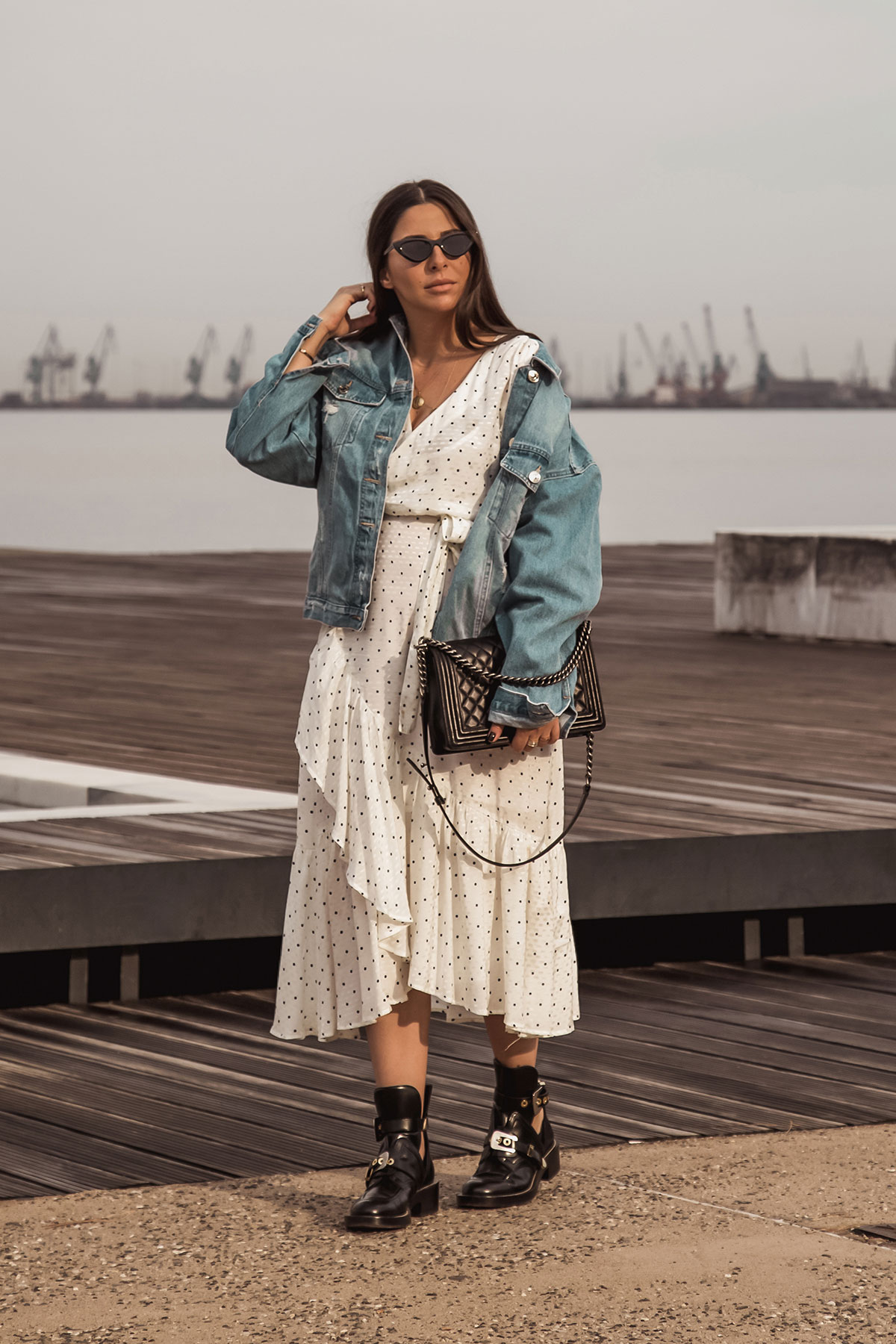 polka dot dress with edgy boots and denim jacket by Stella Asteria - Fashion & Lifestyle Blogger