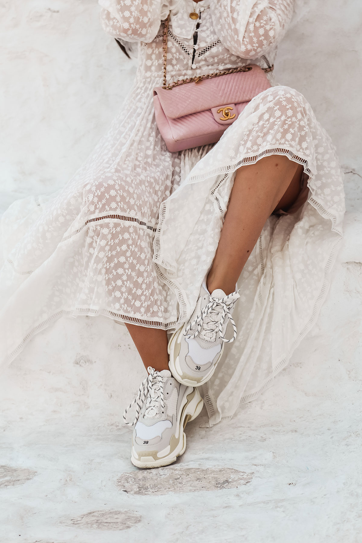 pink Chanel chevron bag and Balenciaga Triple S in white