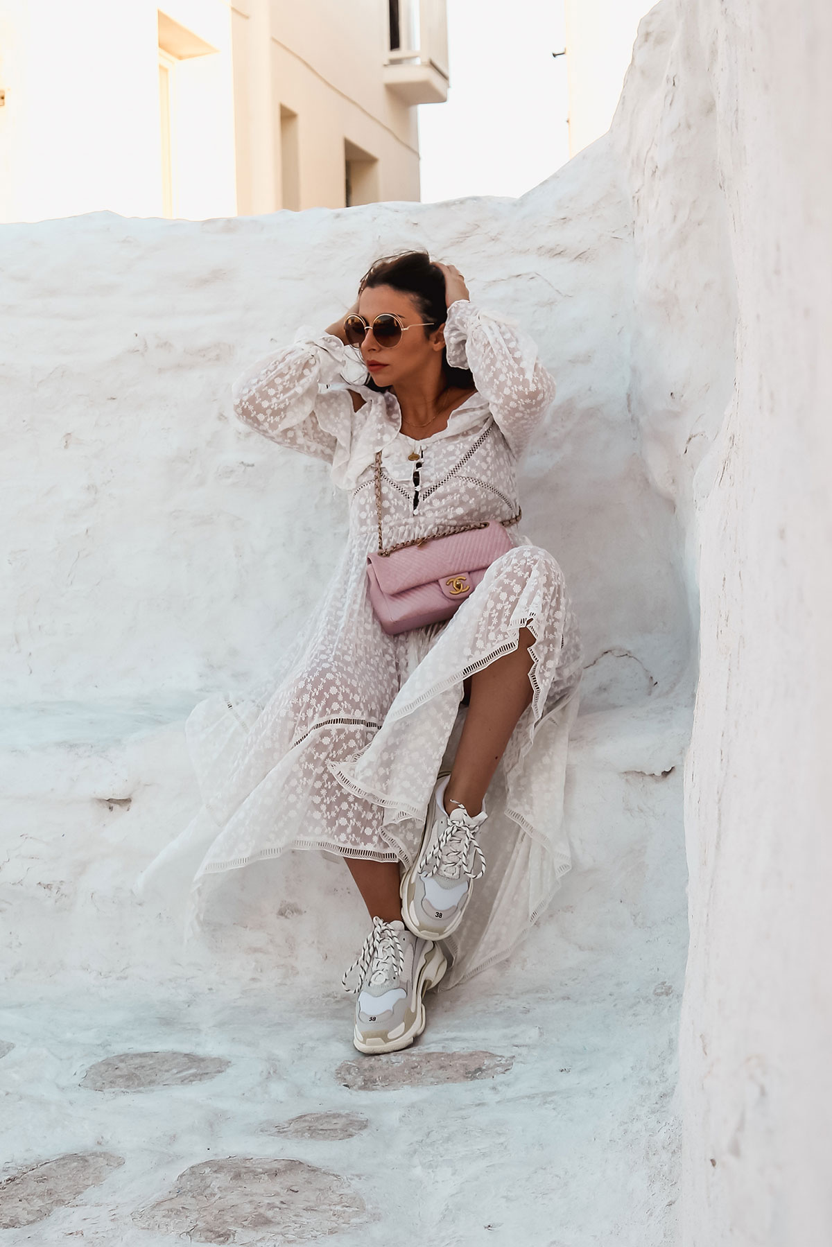 Self-Portrait Dress in Mykonos worn by Stella Asteria - Fashion & Lifestyle Blogger - worn with pink Chanel bag, Balenciaga Triple S and Chloe sunglasses