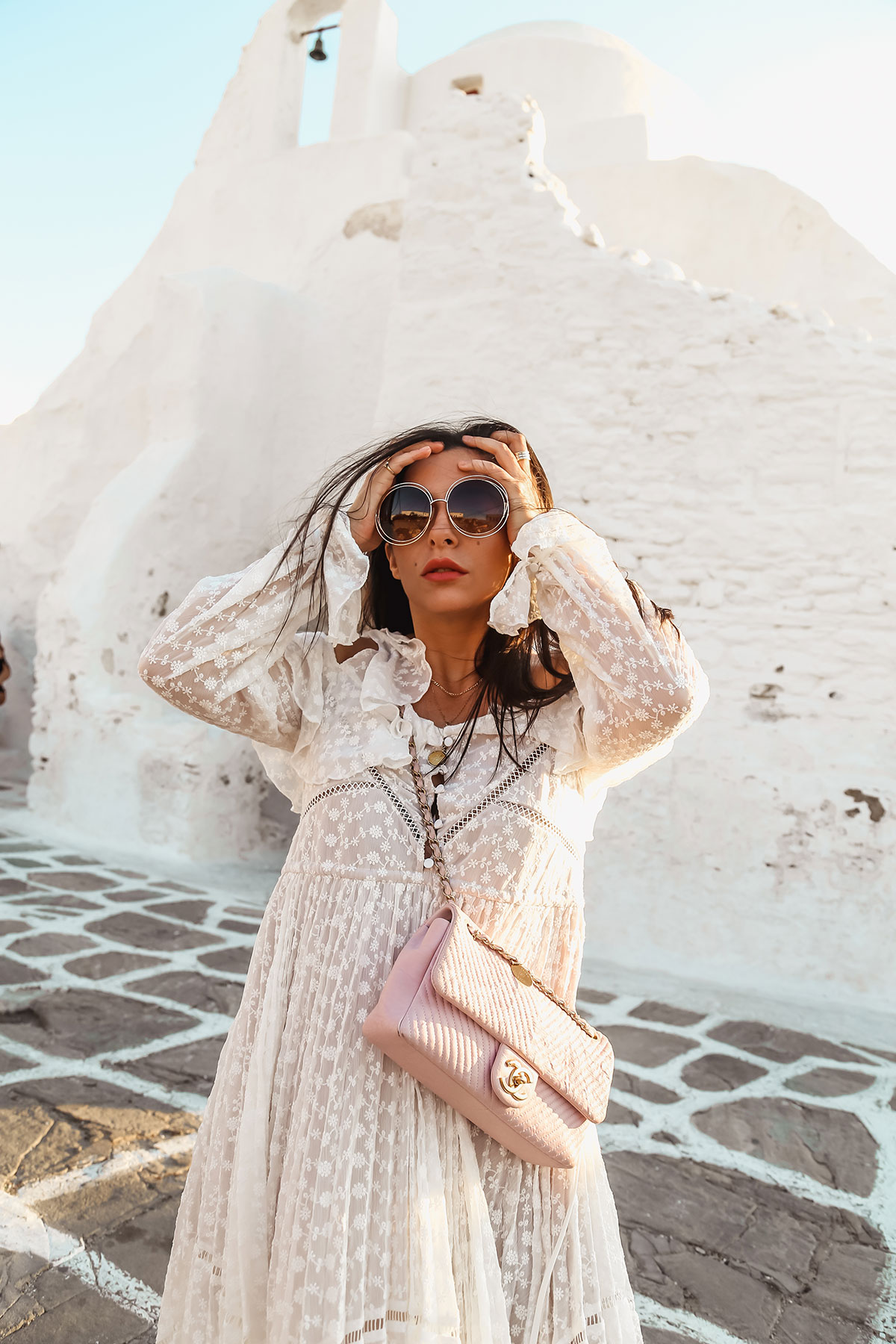 Self-Portrait Dress in Mykonos worn by Stella Asteria - Fashion & Lifestyle Blogger - worn with pink Chanel bag and Chloe sunglasses