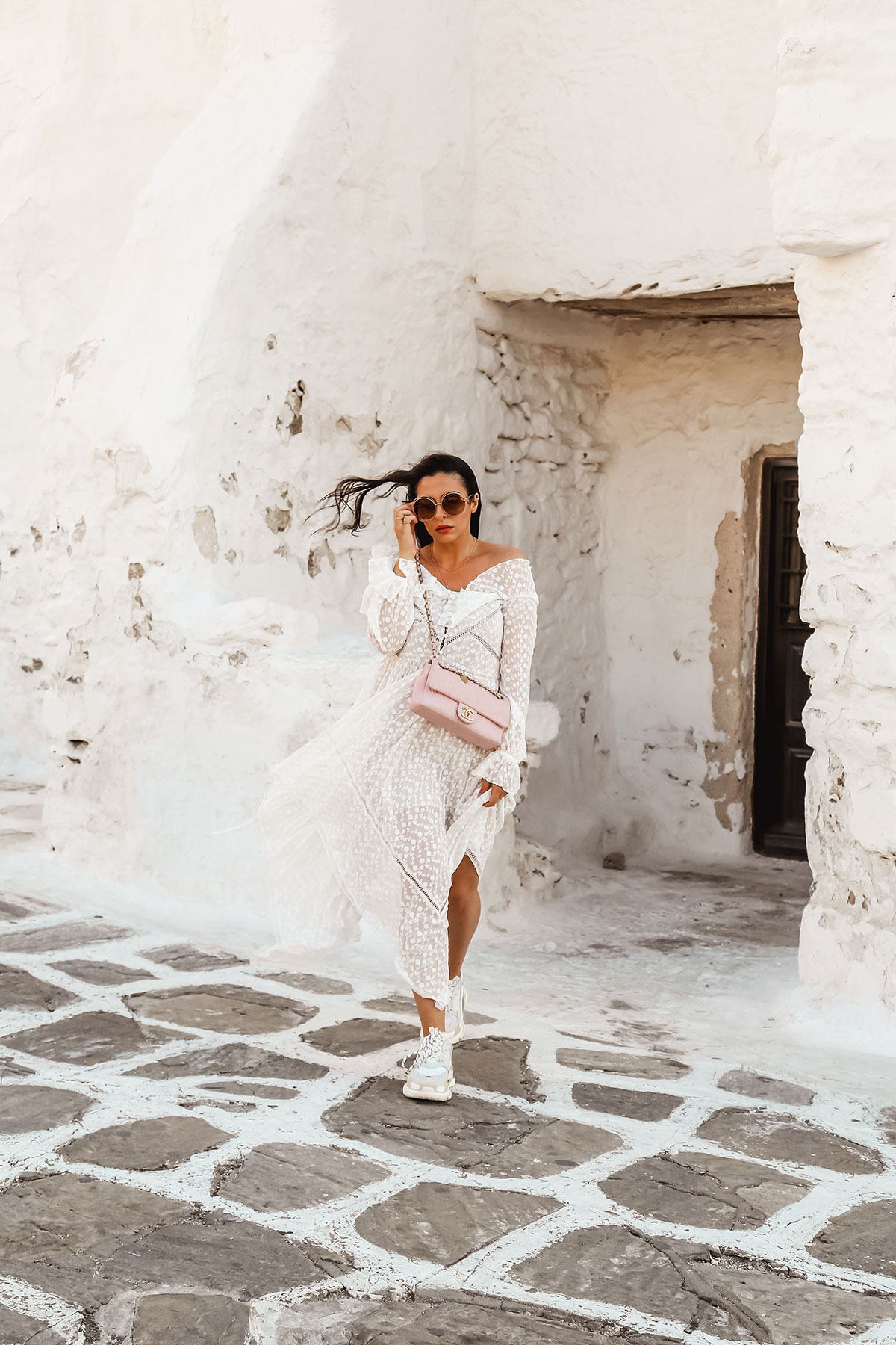 Self-Portrait Dress in Mykonos worn by Stella Asteria - Fashion & Lifestyle Blogger - worn with pink Chanel bag, Balenciaga Triple S and Chloe sunglasses