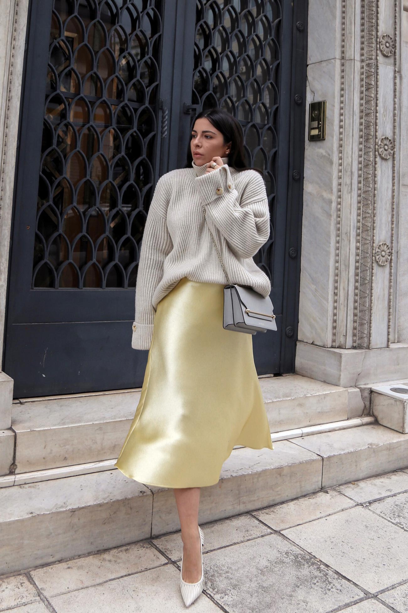 grey sweater yellow skirt