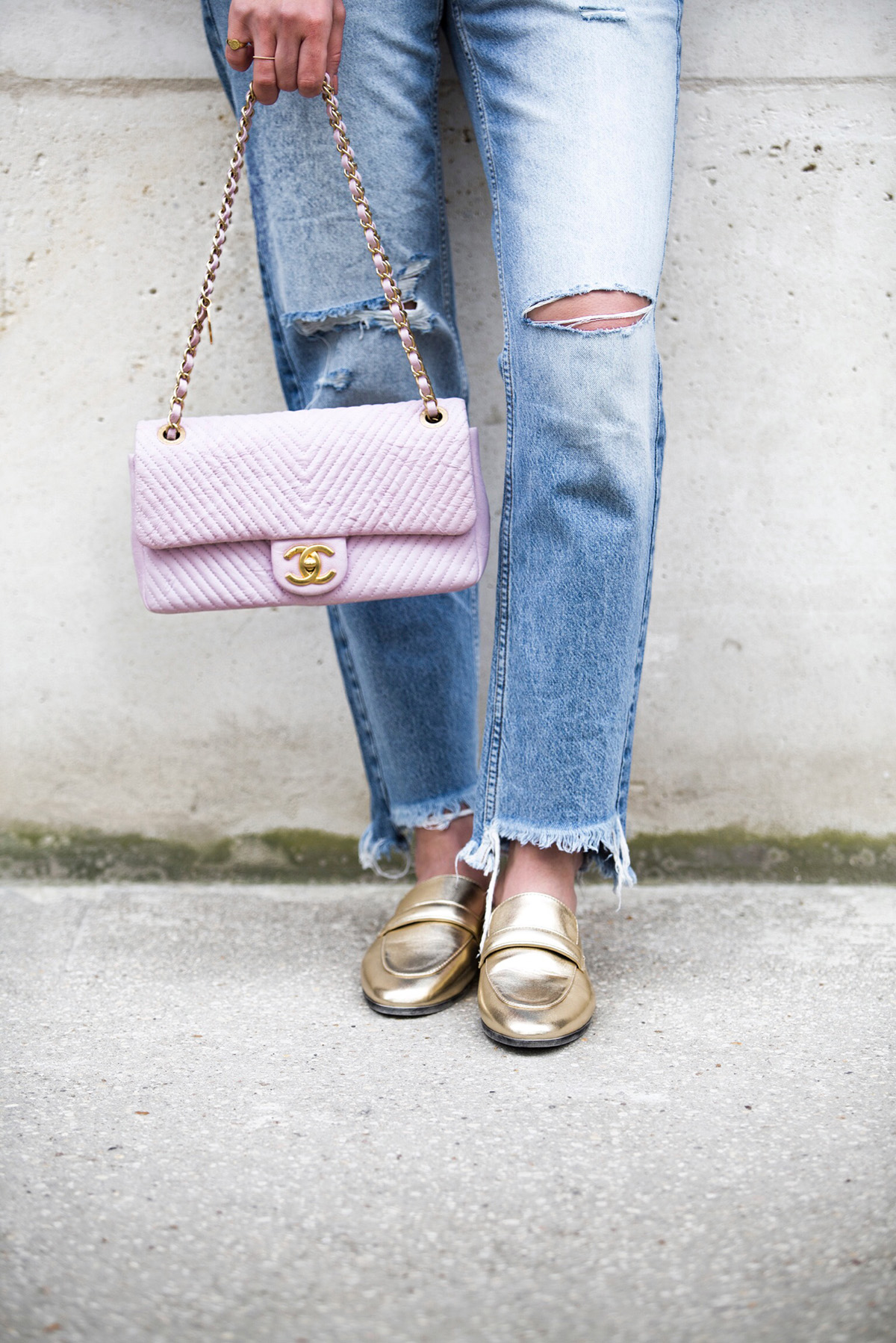 Pink Ruffle Blouse, Jeans & Chanel Pink Chevron Bag - Stella Asteria