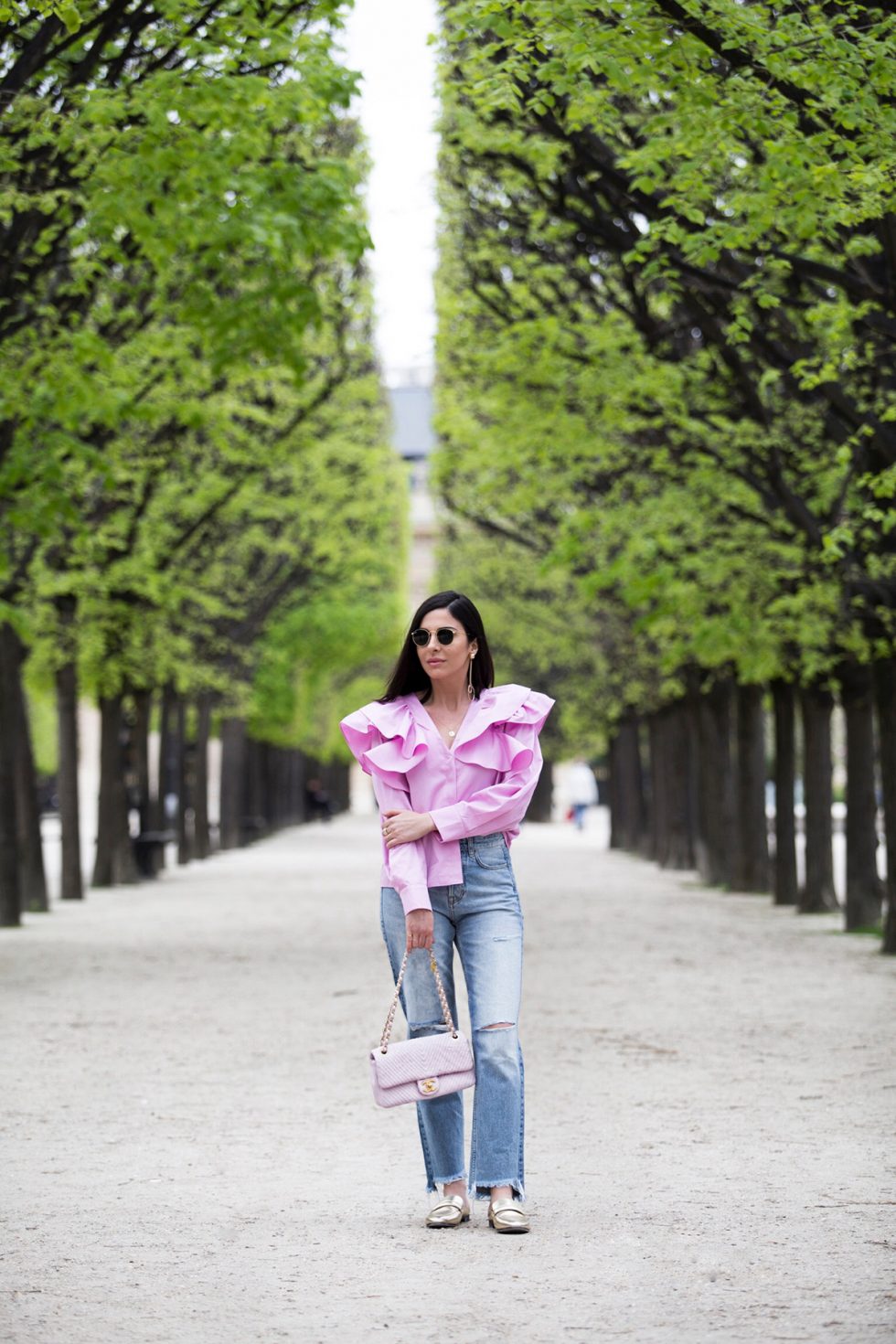 Pink Ruffle Blouse, Jeans & Chanel Pink Chevron Bag - Stella Asteria