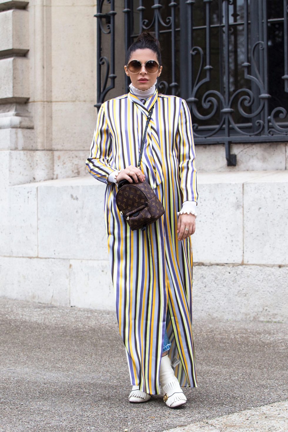 Striped Dress With Jeans & Statement Sunglasses At Paris Fashion Week
